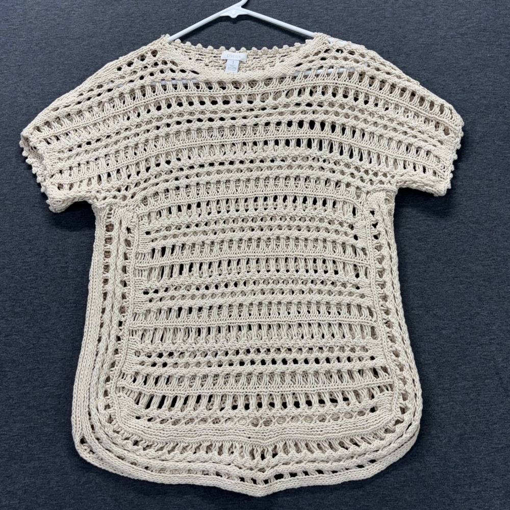 Chicos Top Womens 1 Crochet Open Knit Short Sleeve Linen Blend Cream stretch